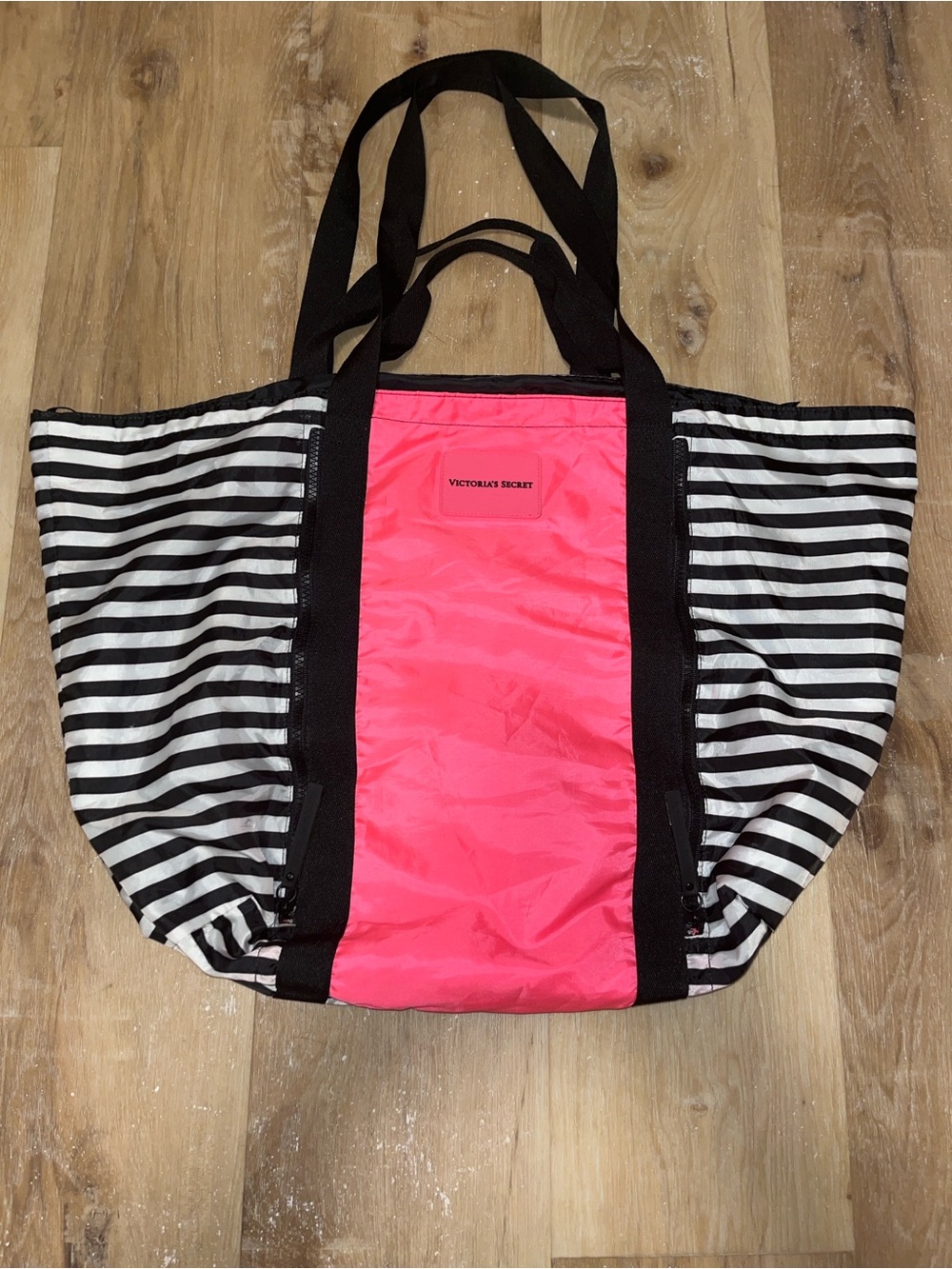 Victoria's Secret Neon Pink and Black Striped Tote